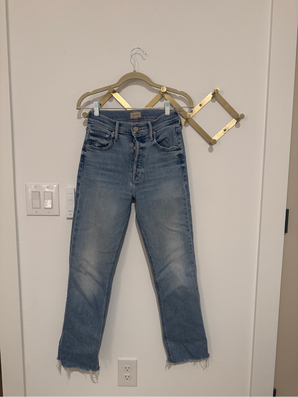 MOTHER Light Blue Straight Leg Jeans with Frayed Hem